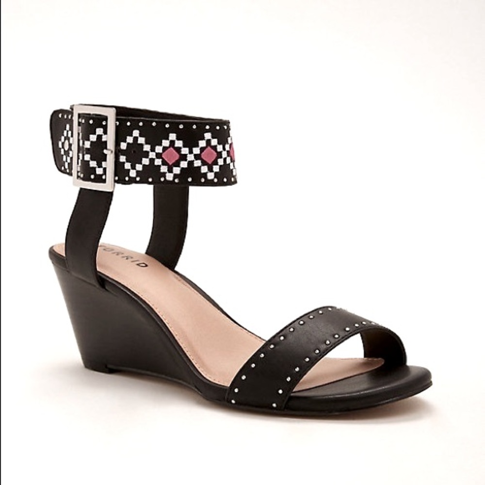 Torrid Ankle Strap Black Wedges Sandals, Size 10W